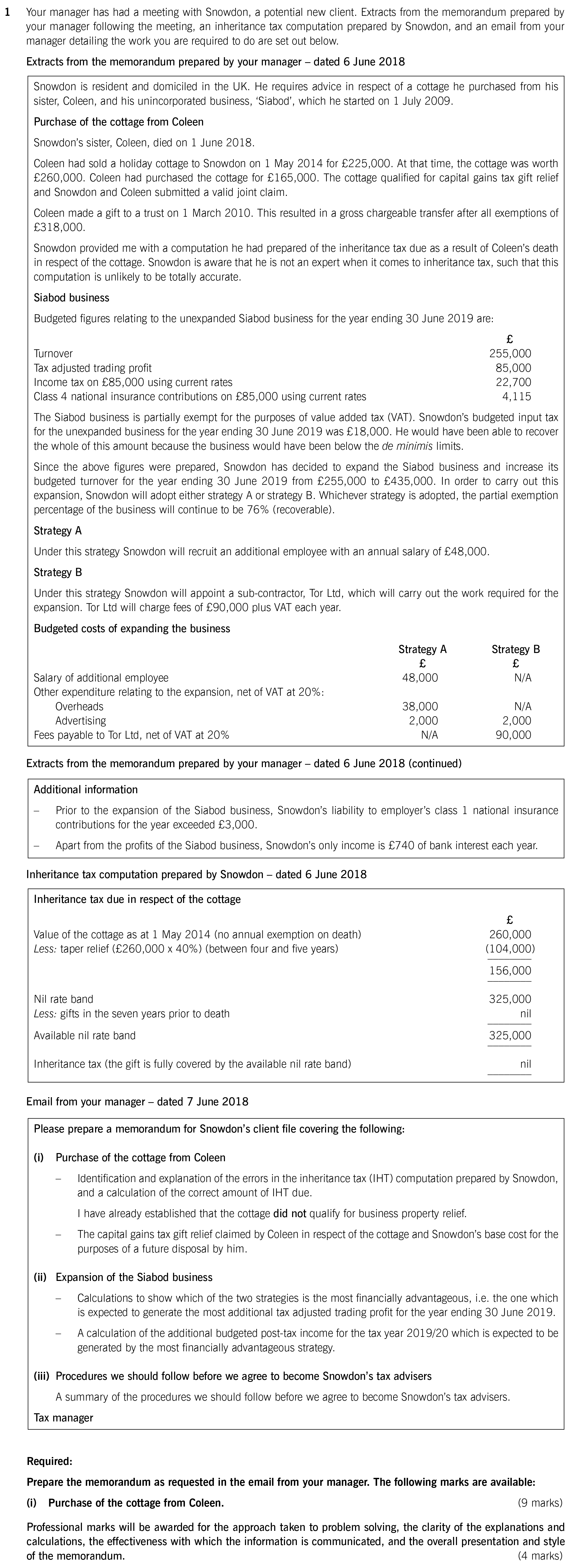 ACCA ATX (P6 UK) Past papers Question 1i June 2018 Sample