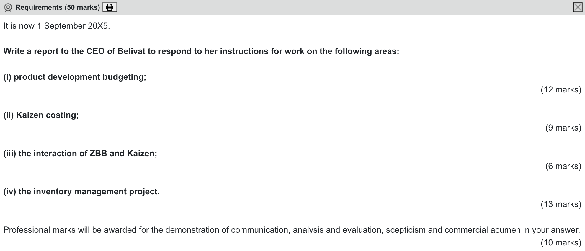 ACCA APM Past papers Question 1 September 2022 CBE aCOWtancy Exam